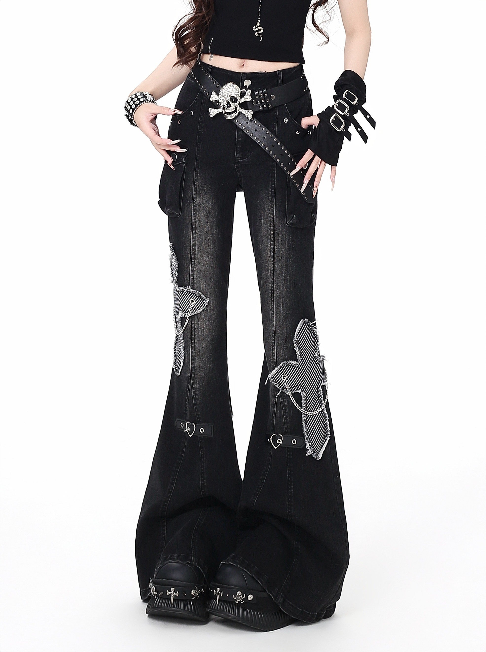 CRAZYGIRL_Black_Washed_Butterfly_Print_High_Waist_Slim_Riveted_Women's_Flare_Jeans_1030945545121_MISSTT