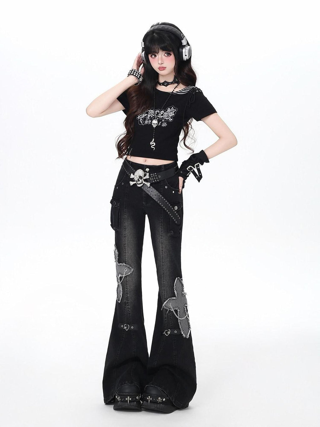 CRAZYGIRL Black Washed Butterfly Print High Waist Slim Riveted Women's Flare Jeans