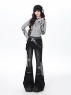 CRAZYGIRL Black Washed Butterfly Print High Waist Slim Riveted Women's Flare Jeans