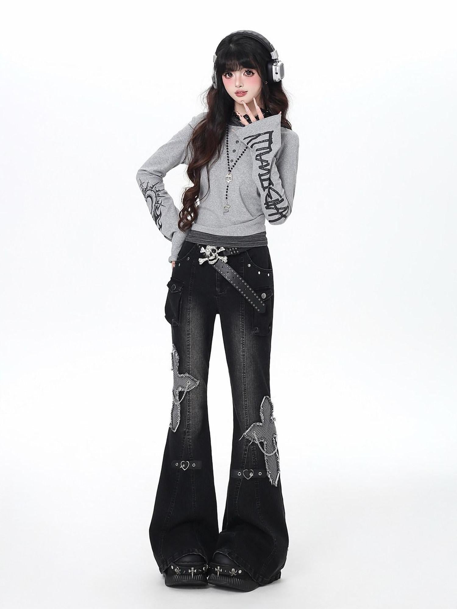 CRAZYGIRL Black Washed Butterfly Print High Waist Slim Riveted Women's Flare Jeans