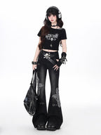 CRAZYGIRL Black Washed Butterfly Print High Waist Slim Riveted Women's Flare Jeans