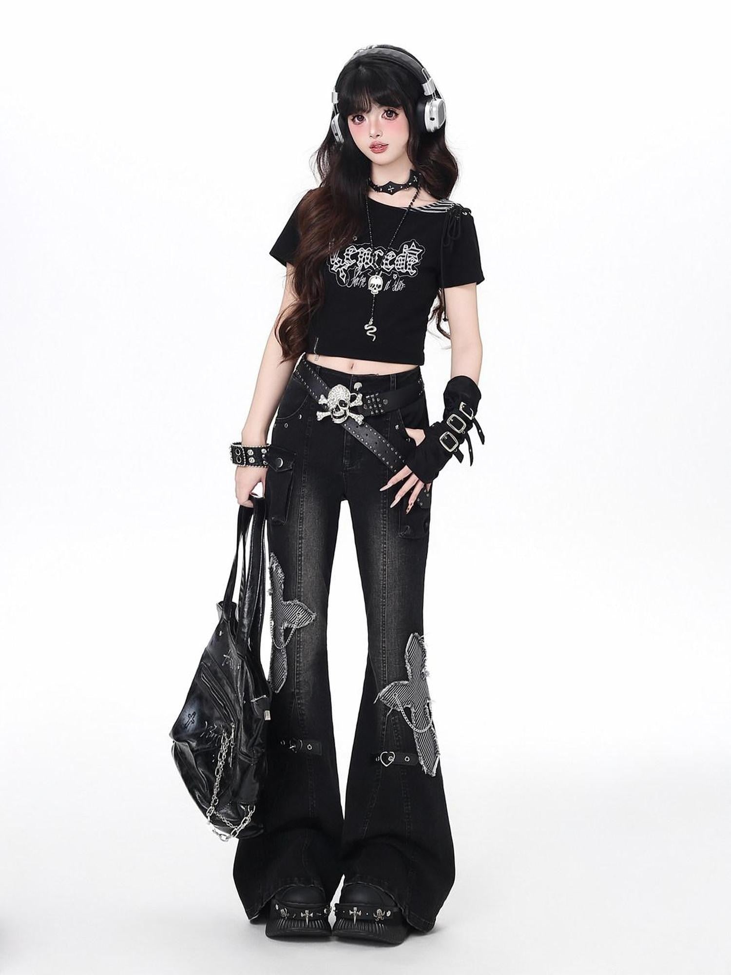 CRAZYGIRL Black Washed Butterfly Print High Waist Slim Riveted Women's Flare Jeans
