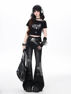 CRAZYGIRL Black Washed Butterfly Print High Waist Slim Riveted Women's Flare Jeans