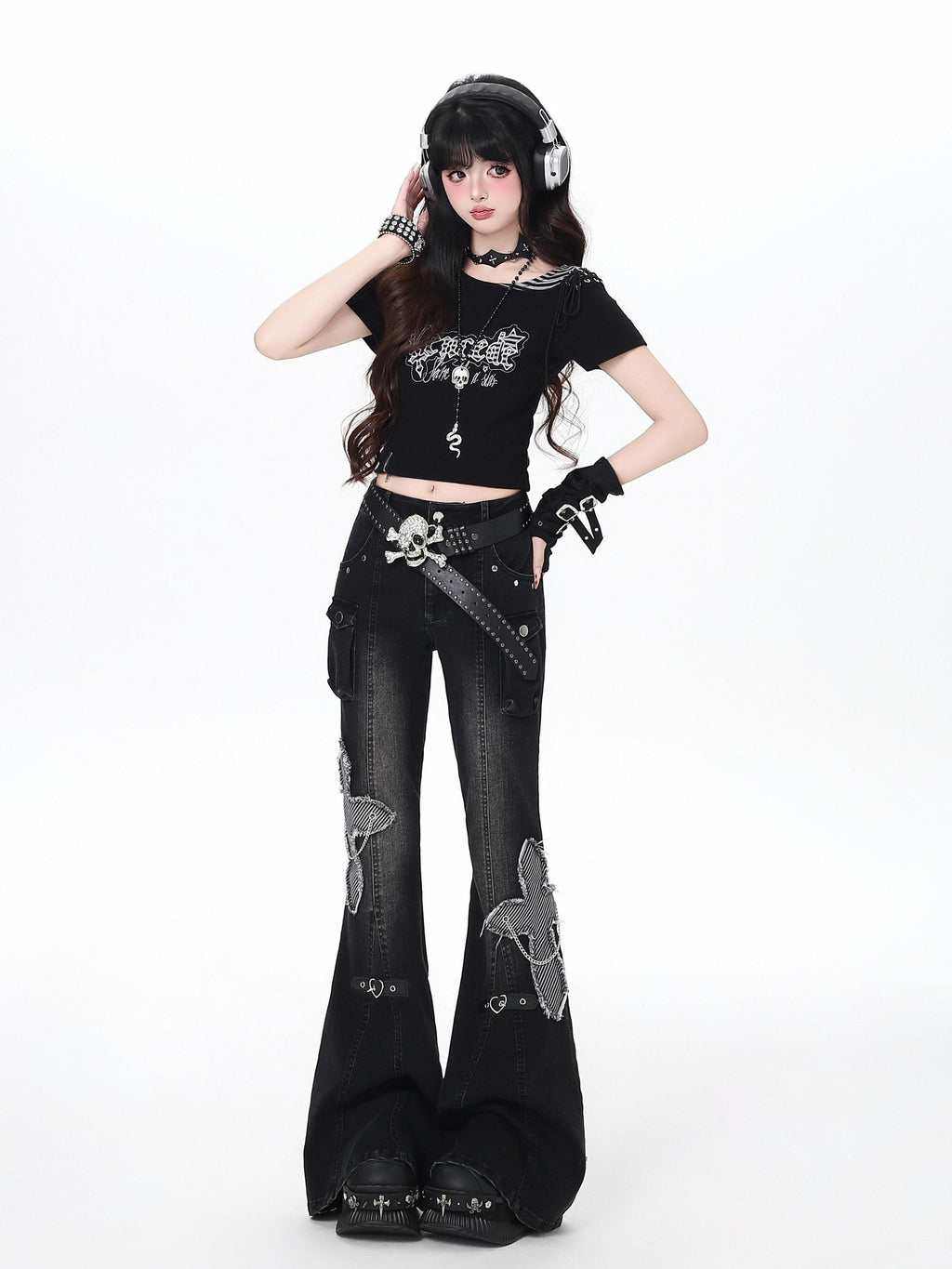 CRAZYGIRL Black Washed Butterfly Print High Waist Slim Riveted Women's Flare Jeans