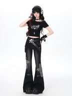 CRAZYGIRL Black Washed Butterfly Print High Waist Slim Riveted Women's Flare Jeans