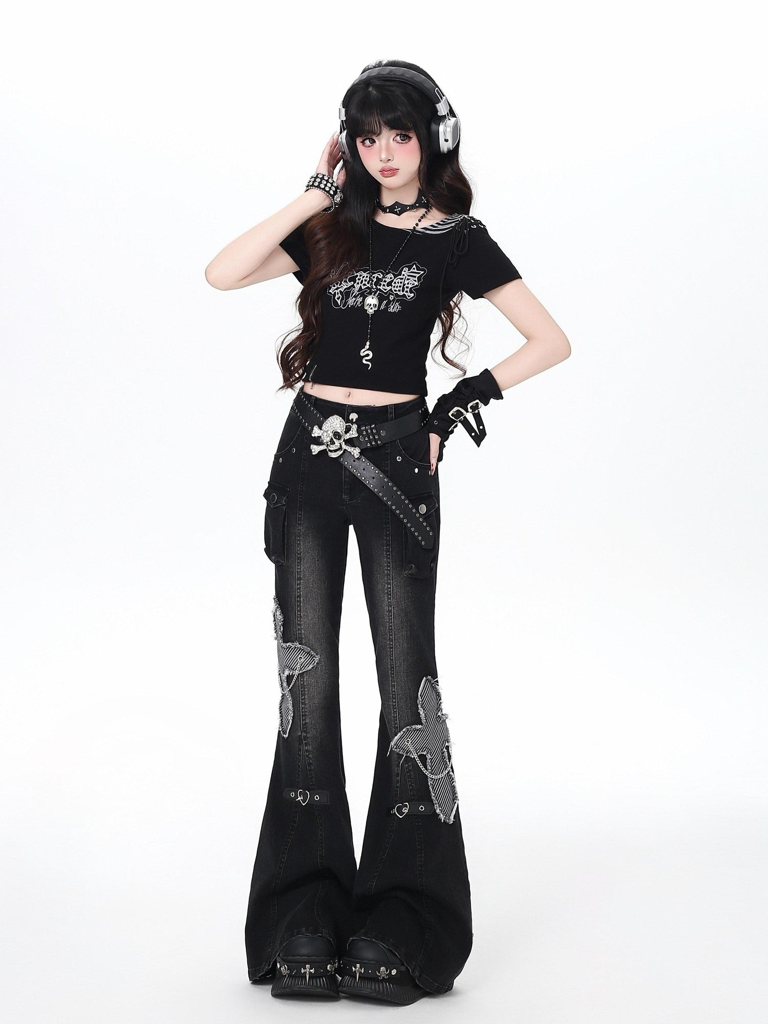 CRAZYGIRL Black Washed Butterfly Print High Waist Slim Riveted Women's Flare Jeans