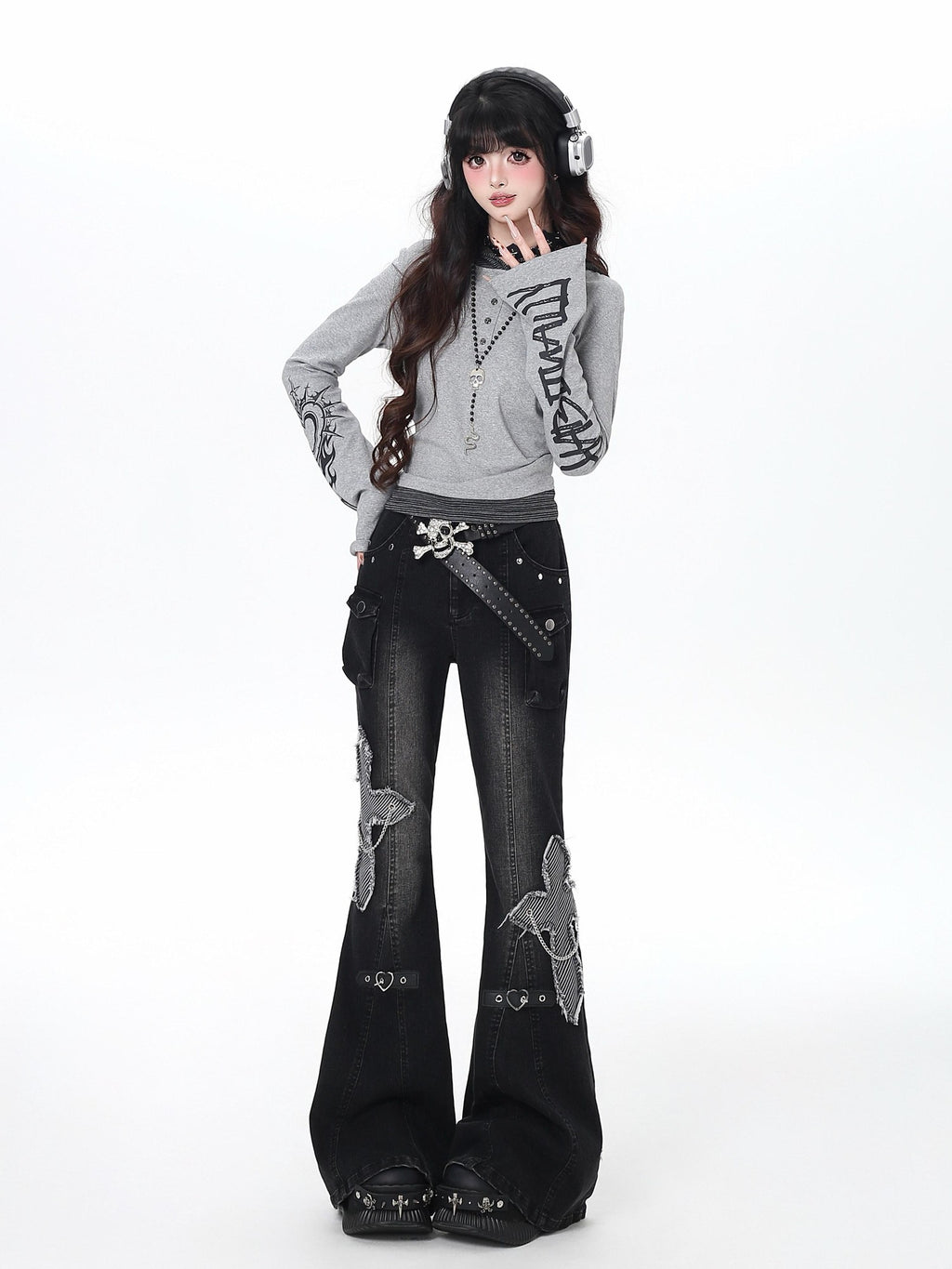 CRAZYGIRL Black Washed Butterfly Print High Waist Slim Riveted Women's Flare Jeans