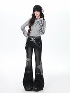 CRAZYGIRL Black Washed Butterfly Print High Waist Slim Riveted Women's Flare Jeans