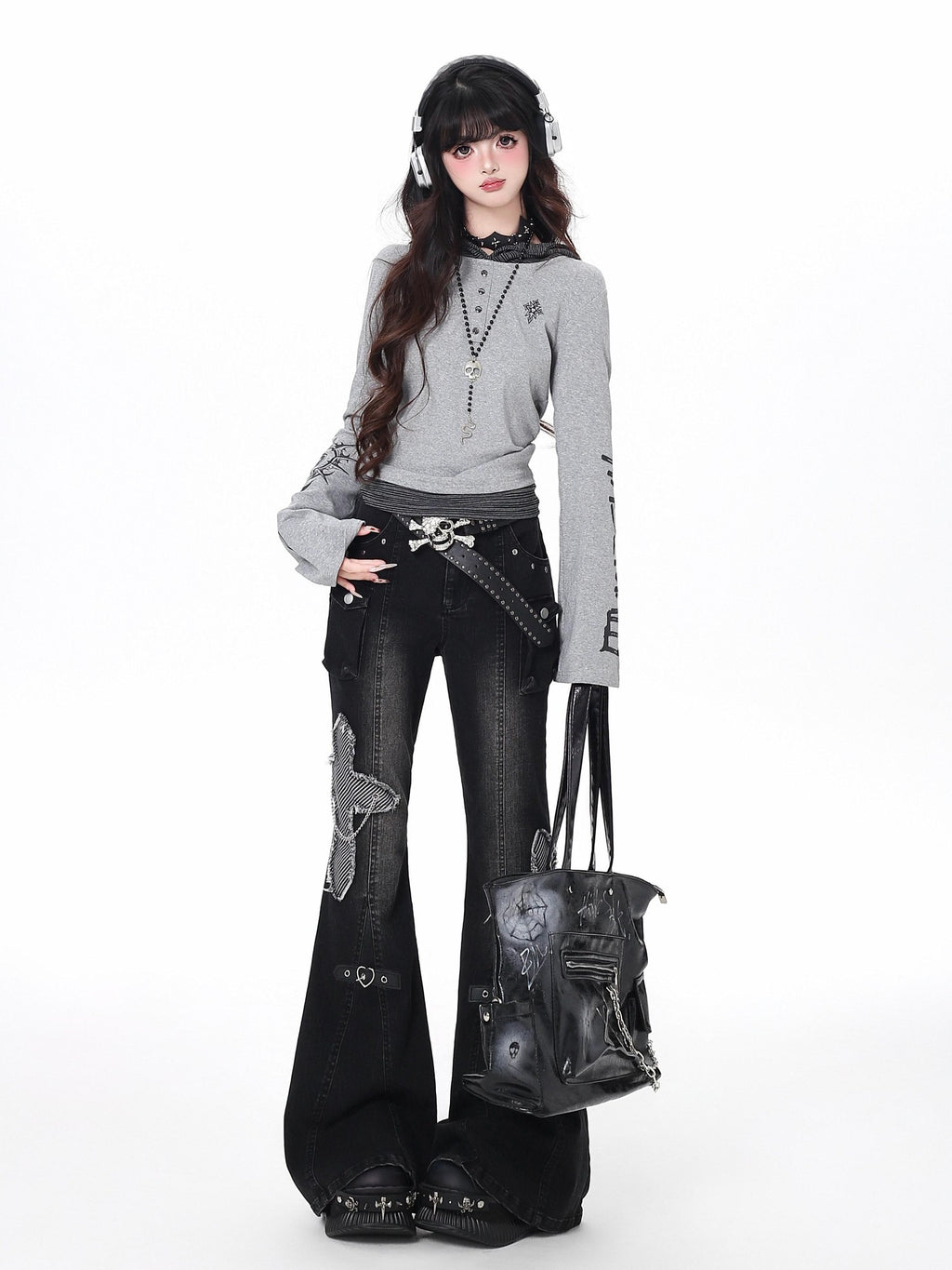 CRAZYGIRL Black Washed Butterfly Print High Waist Slim Riveted Women's Flare Jeans