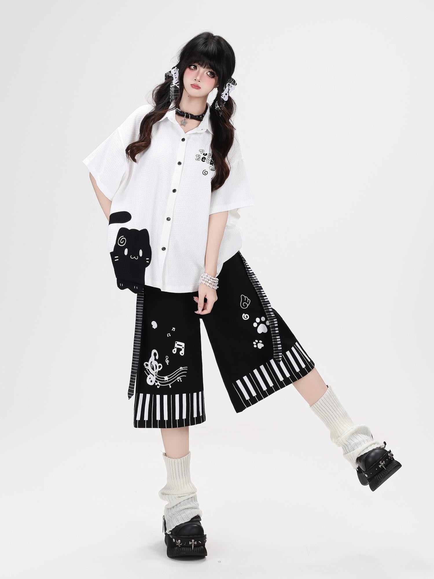 CRAZYGIRL Black White Cat Piano Print High Waist Cropped Wide Leg Women's Chinos