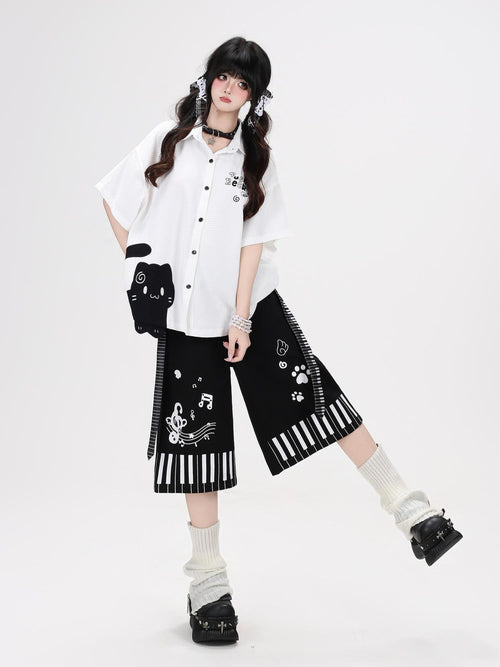 CRAZYGIRL Black White Cat Piano Print High Waist Cropped Wide Leg Women's Chinos