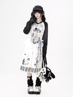 CRAZYGIRL Black White Cat Piano Print High Waist Cropped Wide Leg Women's Chinos