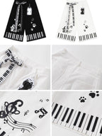 CRAZYGIRL Black White Cat Piano Print High Waist Cropped Wide Leg Women's Chinos