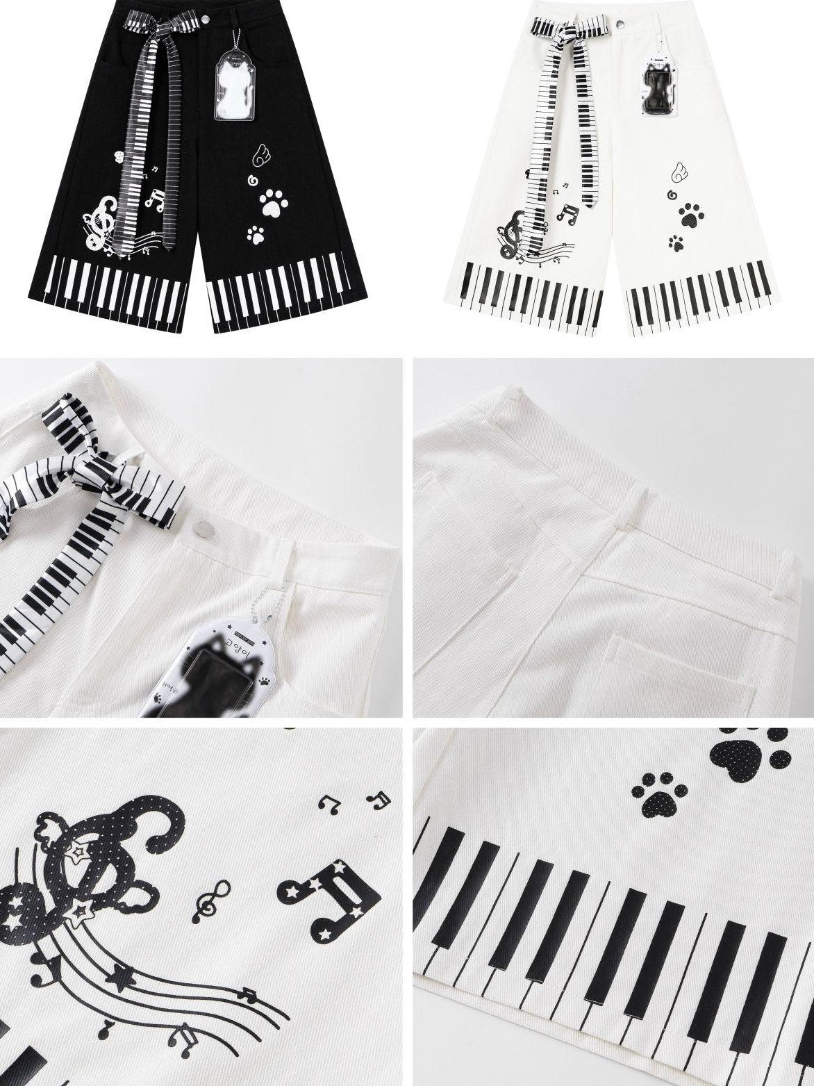 CRAZYGIRL Black White Cat Piano Print High Waist Cropped Wide Leg Women's Chinos