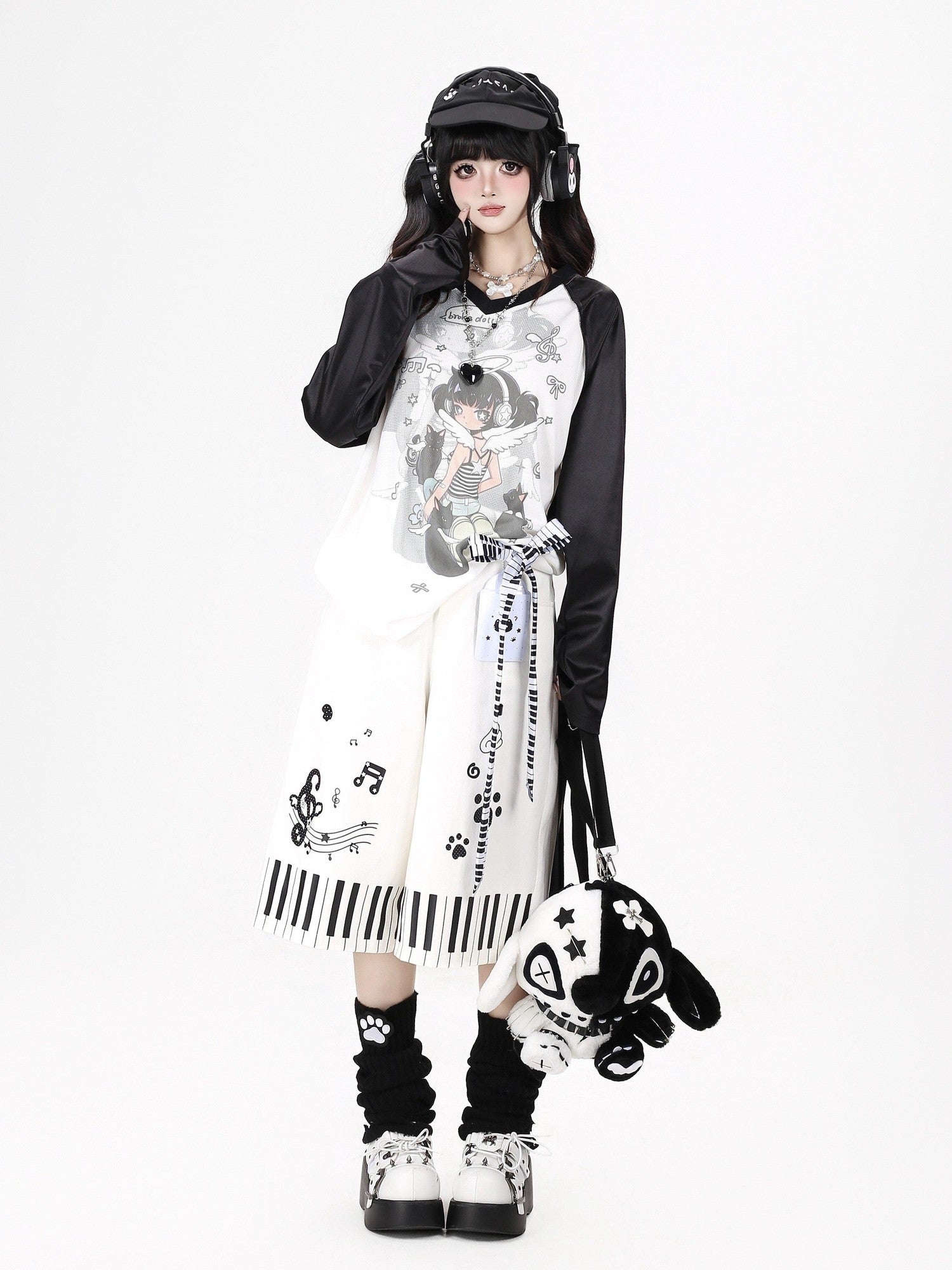 CRAZYGIRL Black White Cat Piano Print High Waist Cropped Wide Leg Women's Chinos