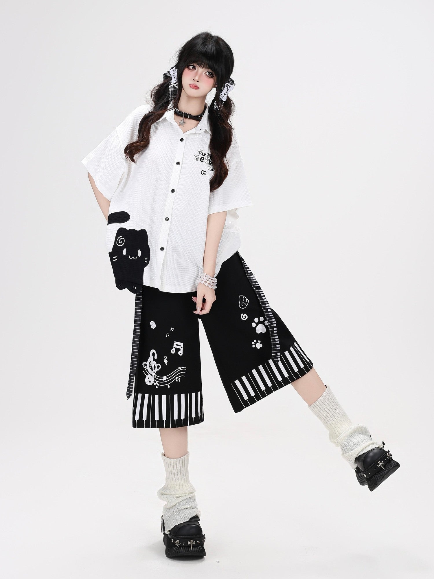 CRAZYGIRL Black White Cat Piano Print High Waist Cropped Wide Leg Women's Chinos