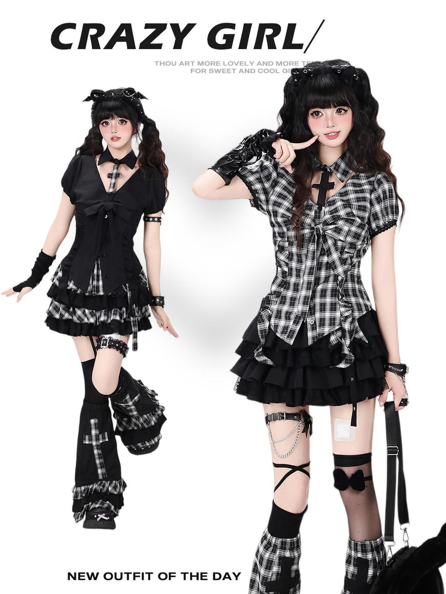 CRAZYGIRL Black White Check Puff Sleeve Lapel Collar Slim Waist Women's Shirts