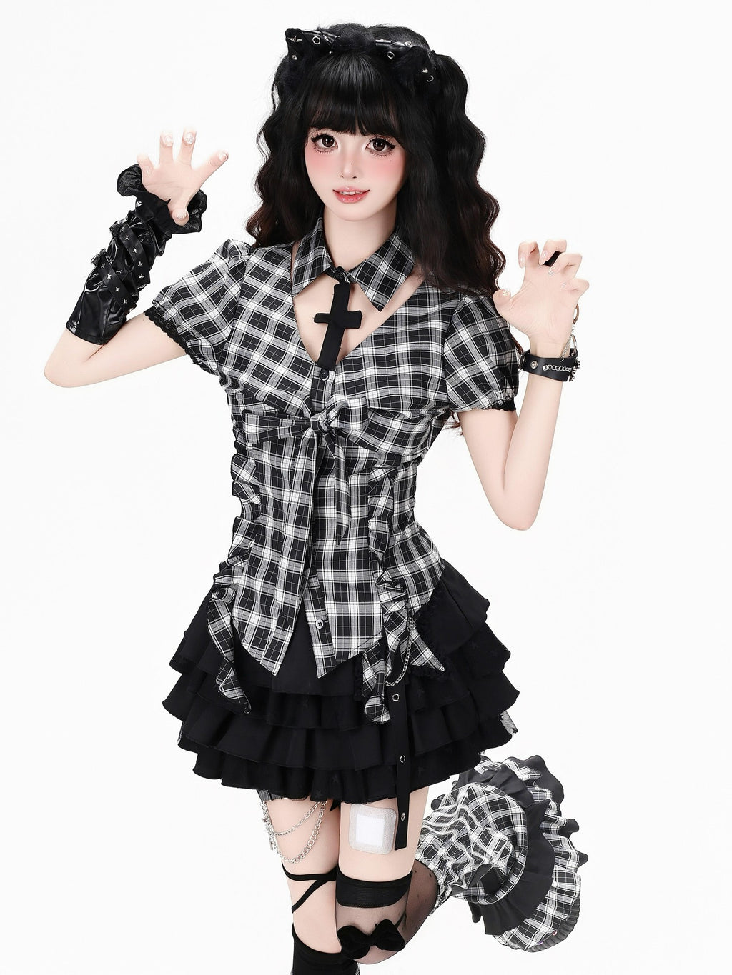 CRAZYGIRL Black White Check Puff Sleeve Lapel Collar Slim Waist Women's Shirts