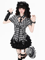 CRAZYGIRL Black White Check Puff Sleeve Lapel Collar Slim Waist Women's Shirts