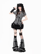 CRAZYGIRL Black White Check Puff Sleeve Lapel Collar Slim Waist Women's Shirts