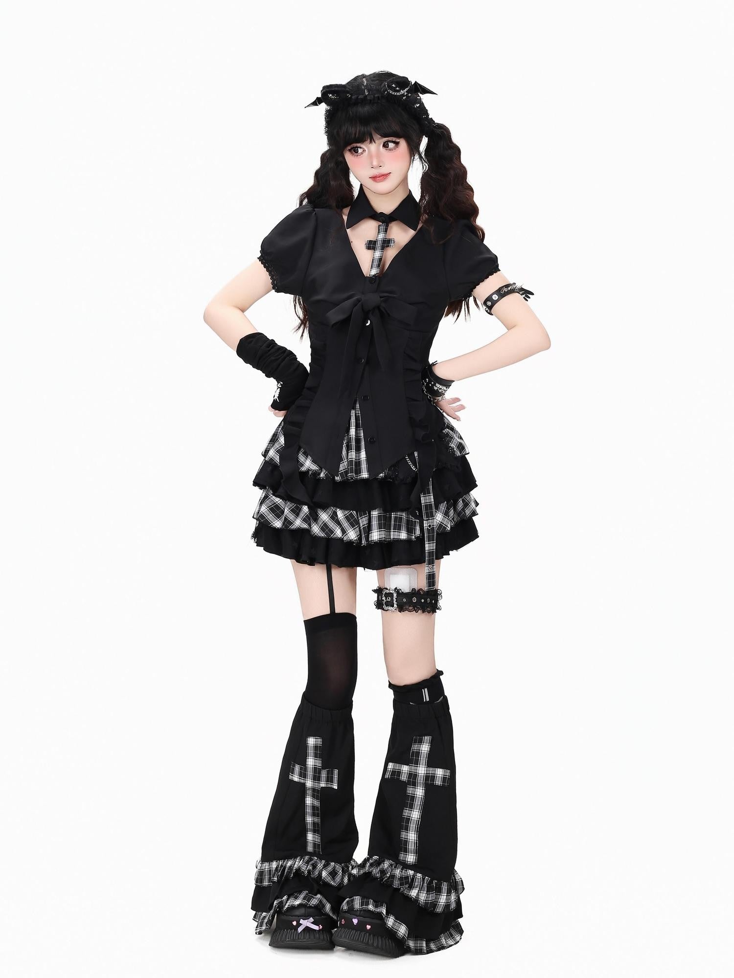 CRAZYGIRL Black White Check Puff Sleeve Lapel Collar Slim Waist Women's Shirts