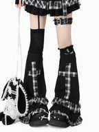 CRAZYGIRL Black White Checkered Patchwork Cross Slouchy Women's Other Material Leg Warmers