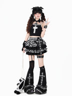 CRAZYGIRL Black White Checkered Patchwork Cross Slouchy Women's Other Material Leg Warmers