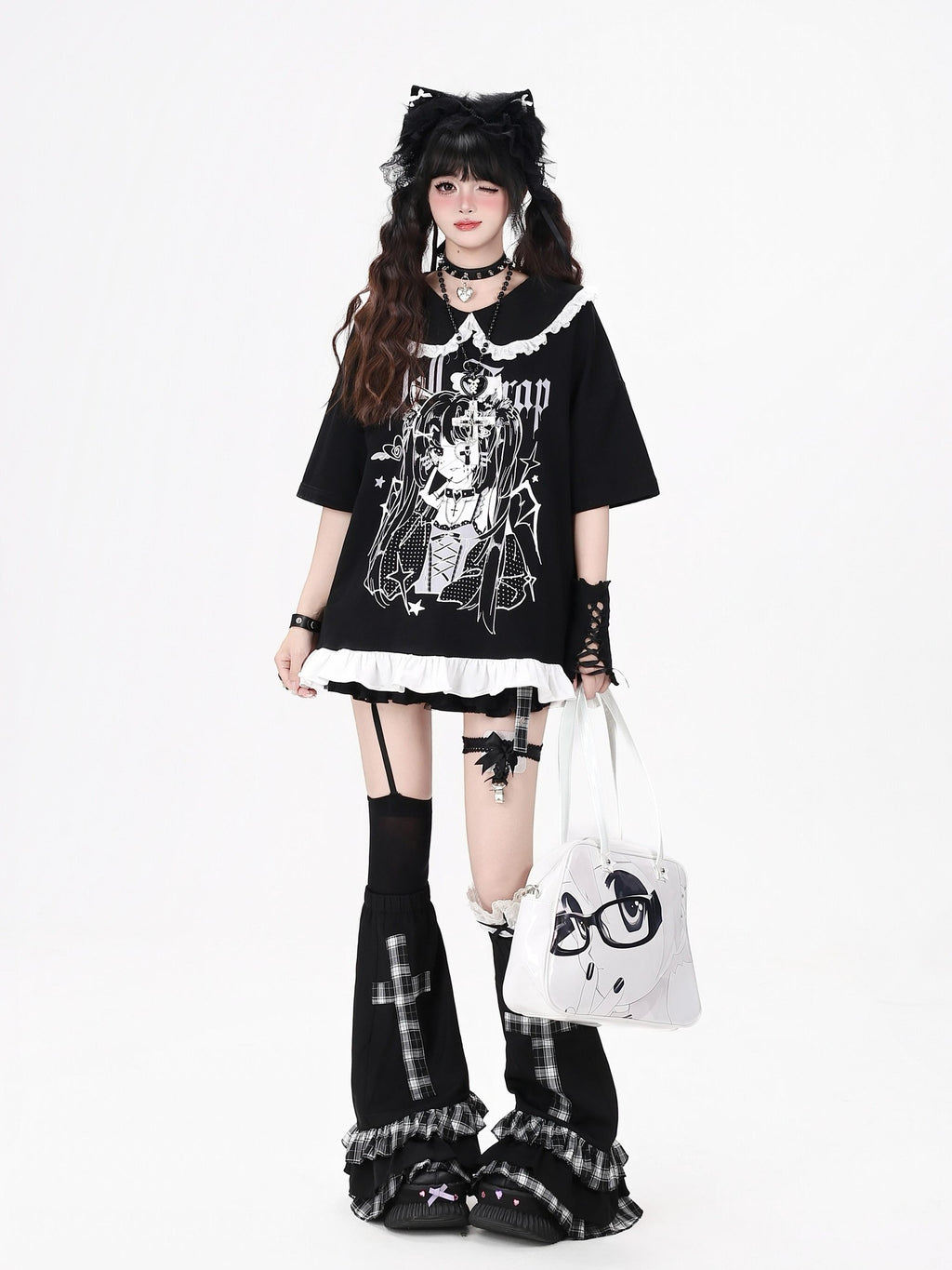 CRAZYGIRL Black White Checkered Patchwork Cross Slouchy Women's Other Material Leg Warmers