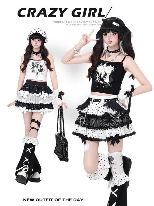 CRAZYGIRL Black White Cropped Lightweight Kitten Graffiti Print Women's Camisoles