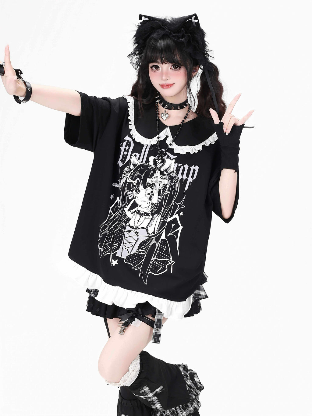 CRAZYGIRL_Black_White_Patchwork_Character_Print_Women's_Short_Sleeve_T-shirts_1054643522746_MISSTT
