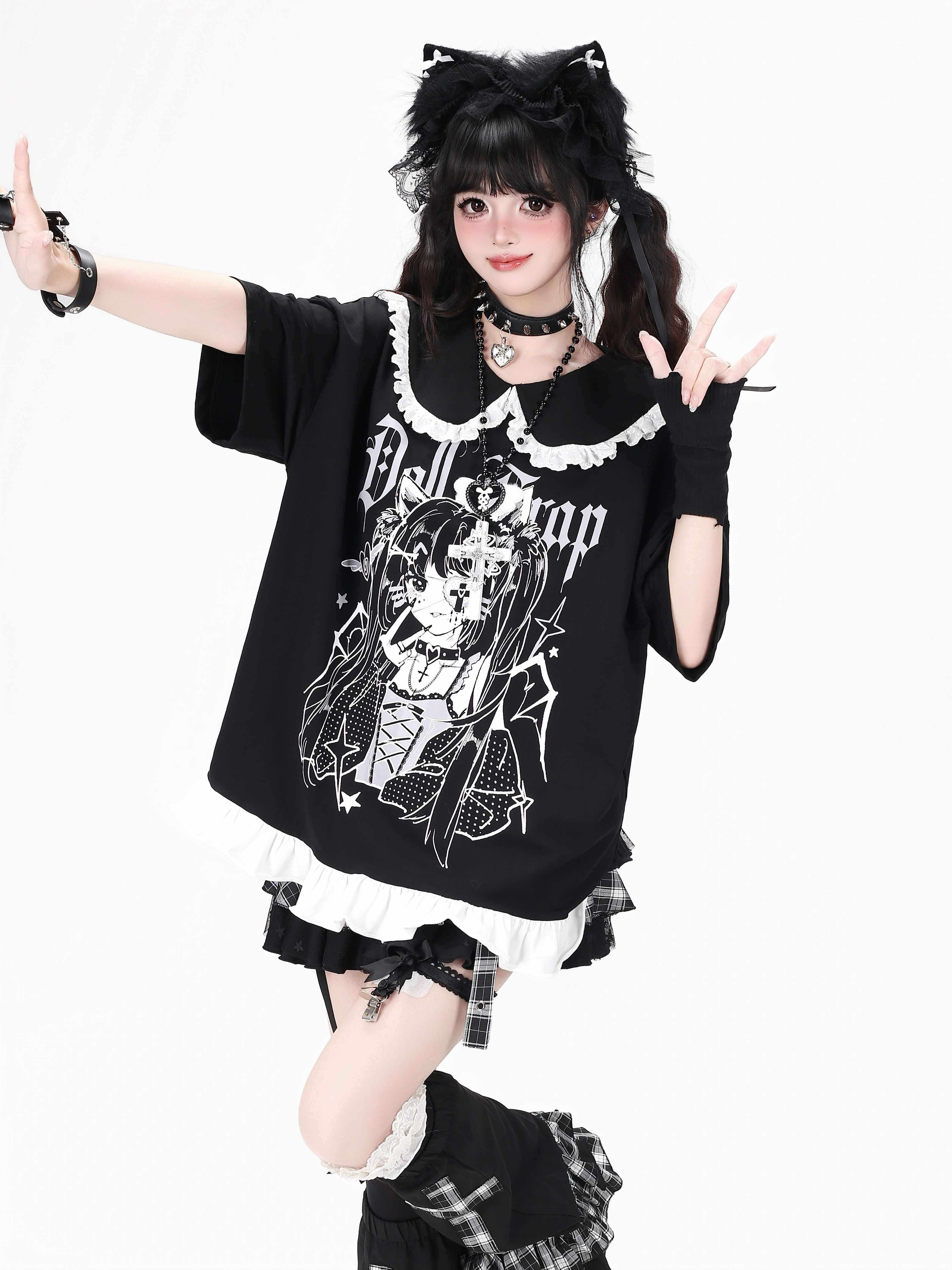 CRAZYGIRL_Black_White_Patchwork_Character_Print_Women's_Short_Sleeve_T-shirts_1054643522746_MISSTT
