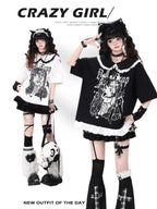 CRAZYGIRL Black White Patchwork Character Print Women's Short Sleeve T-shirts