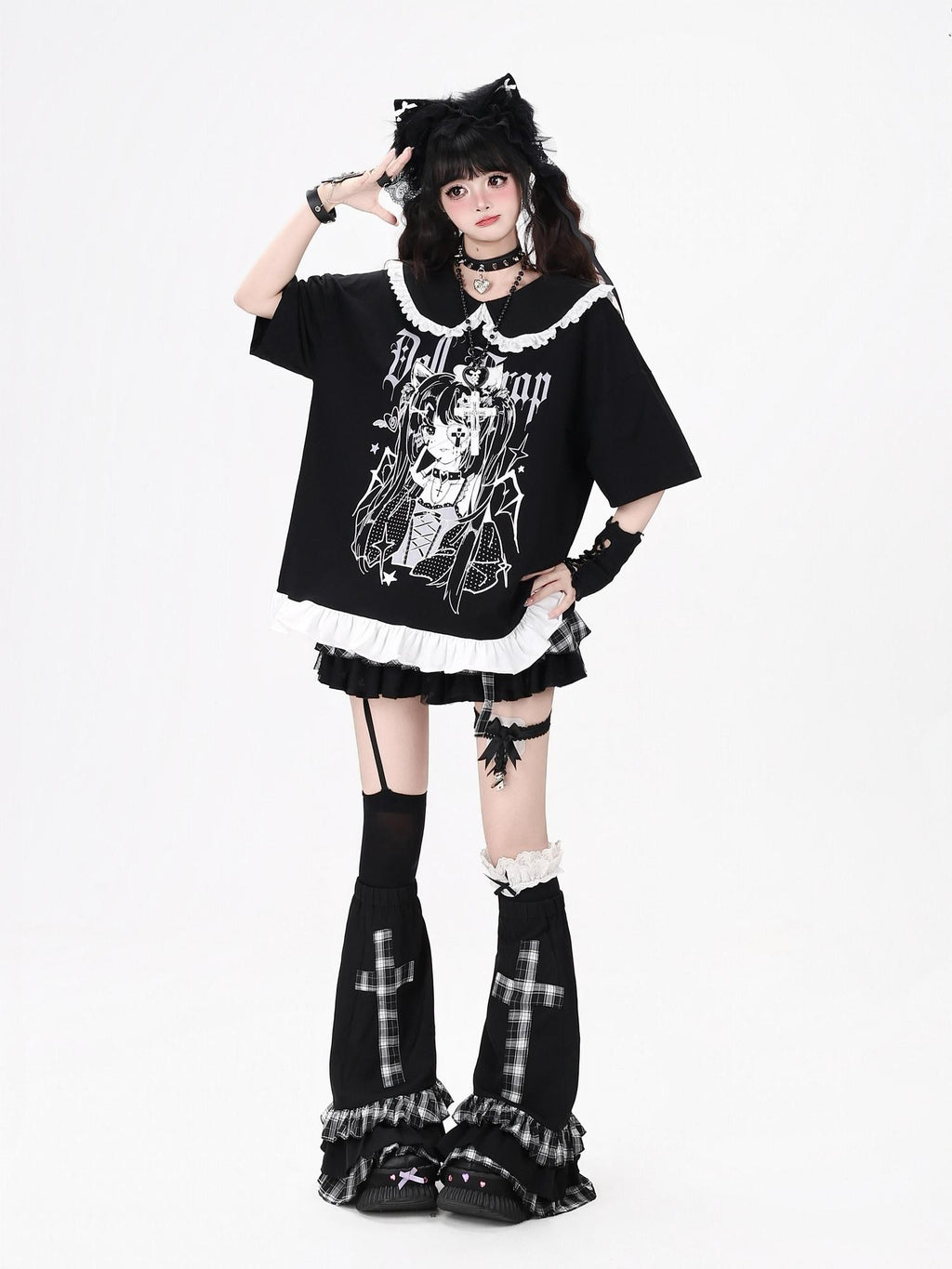 CRAZYGIRL Black White Patchwork Character Print Women's Short Sleeve T-shirts