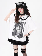 CRAZYGIRL Black White Patchwork Character Print Women's Short Sleeve T-shirts