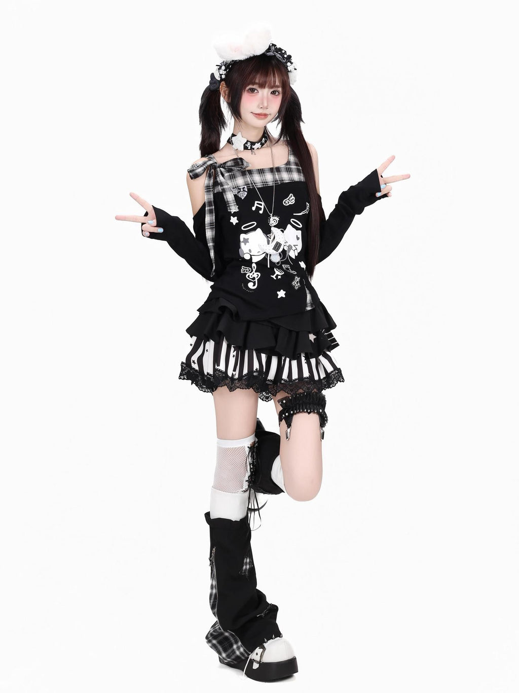 CRAZYGIRL Black White Plaid Bow Off Shoulder Patchwork Women's Long Sleeve T-shirts