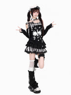 CRAZYGIRL Black White Plaid Bow Off Shoulder Patchwork Women's Long Sleeve T-shirts