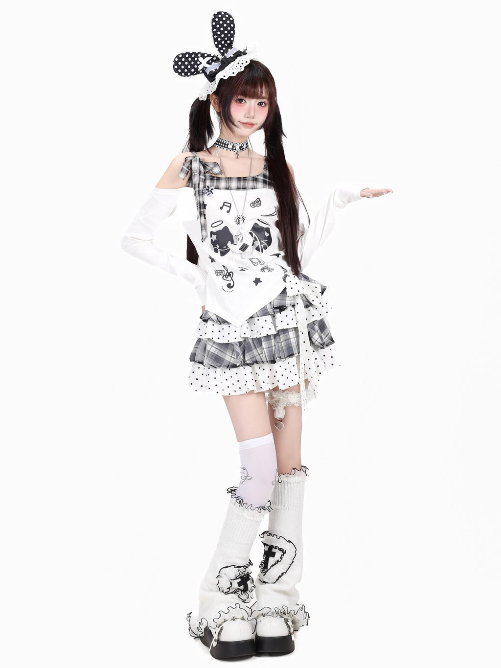 CRAZYGIRL Black White Plaid Bow Off Shoulder Patchwork Women's Long Sleeve T-shirts