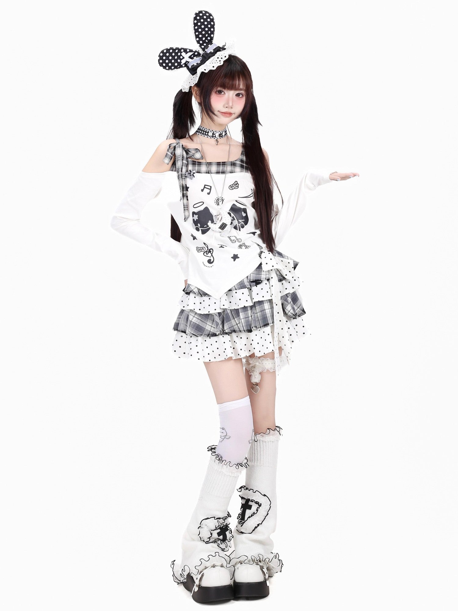 CRAZYGIRL Black White Plaid Bow Off Shoulder Patchwork Women's Long Sleeve T-shirts