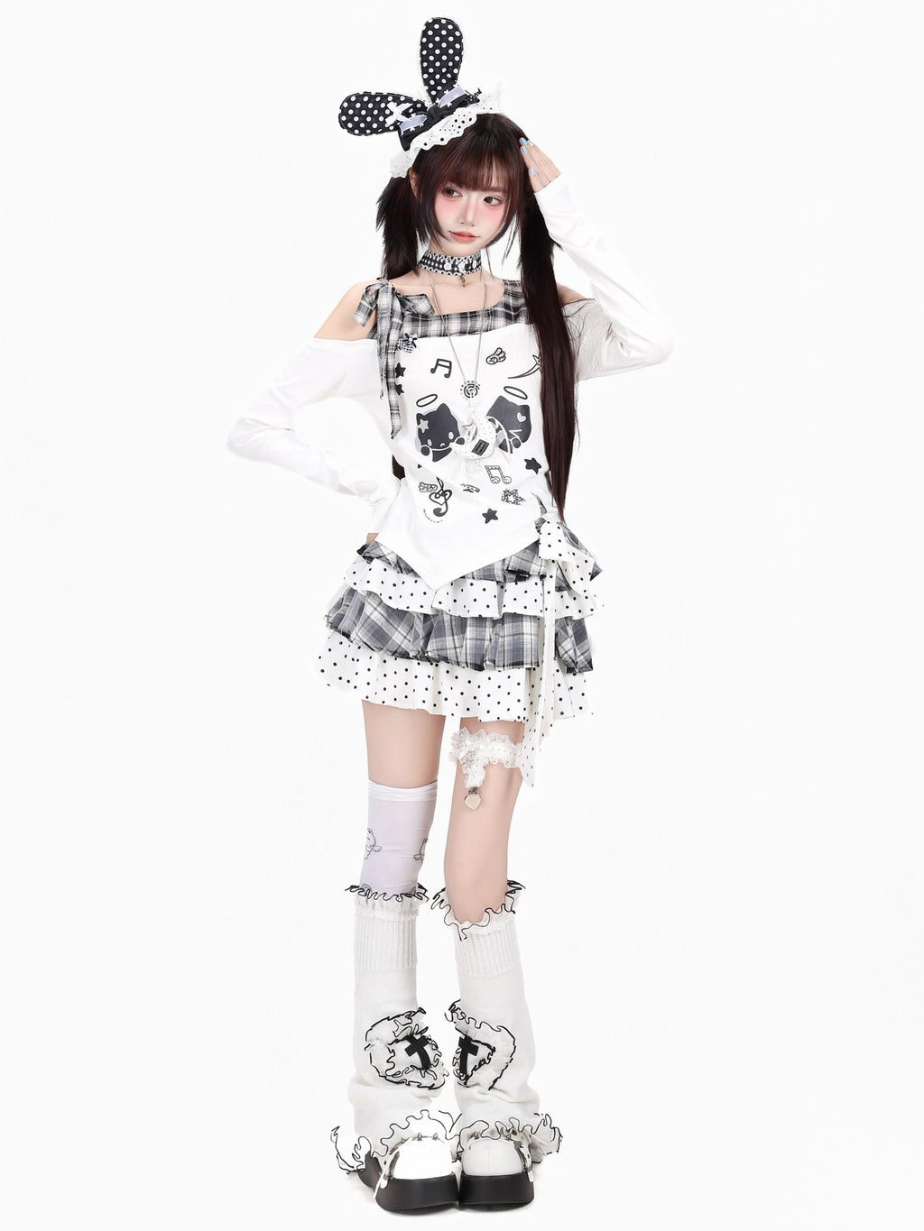 CRAZYGIRL Black White Plaid Bow Off Shoulder Patchwork Women's Long Sleeve T-shirts