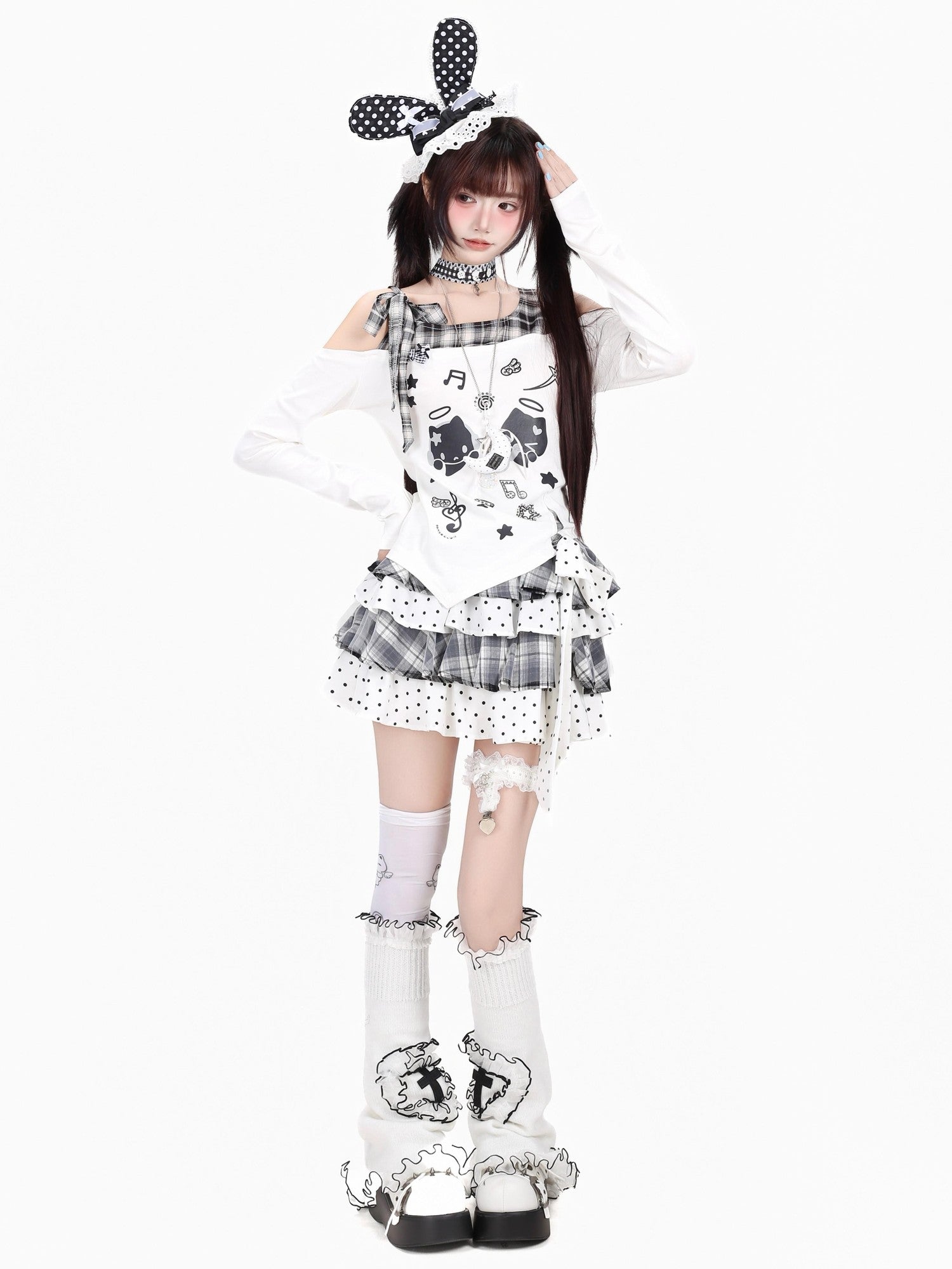 CRAZYGIRL Black White Plaid Bow Off Shoulder Patchwork Women's Long Sleeve T-shirts