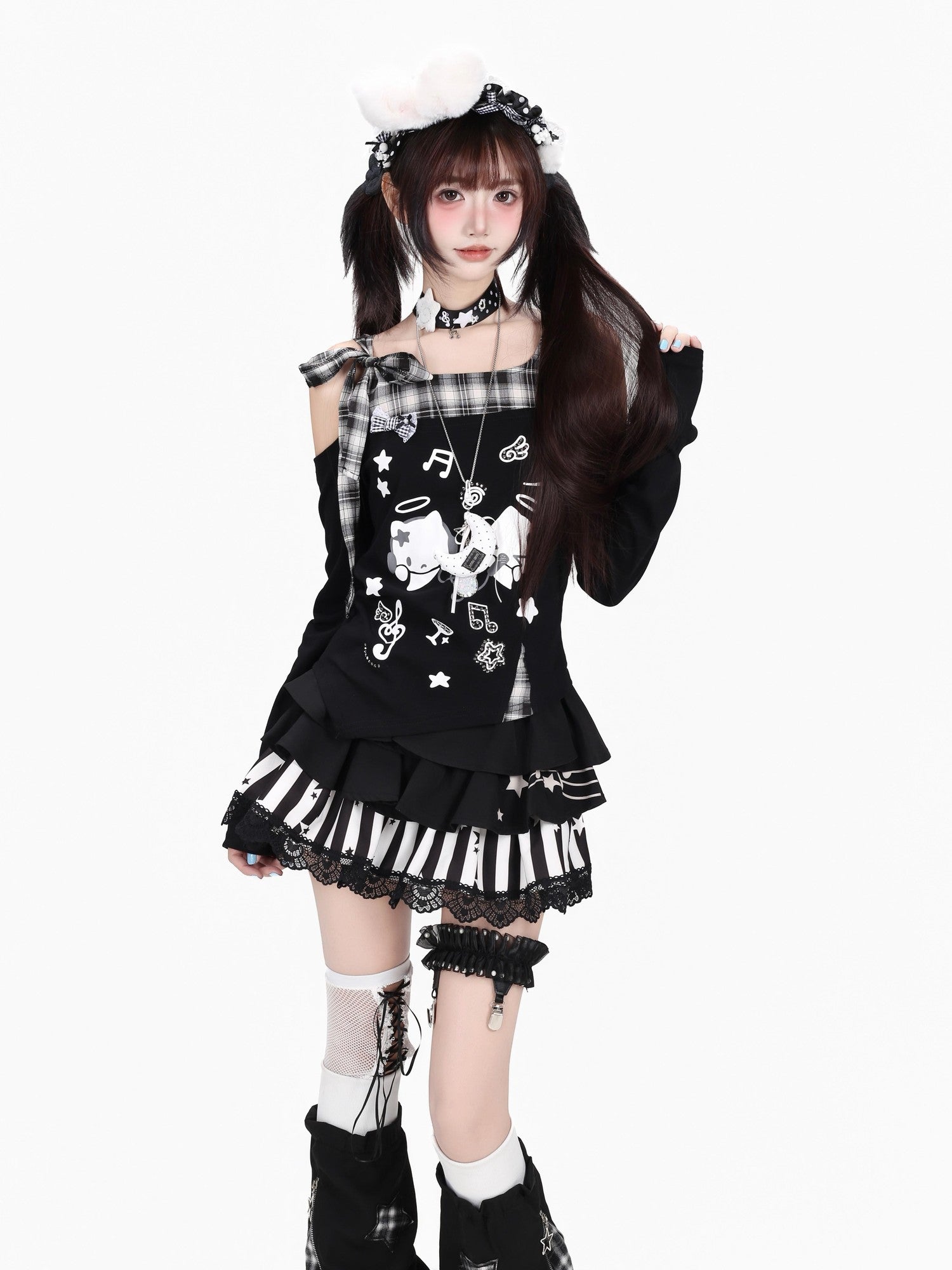 CRAZYGIRL Black White Plaid Bow Off Shoulder Patchwork Women's Long Sleeve T-shirts