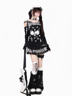 CRAZYGIRL Black White Plaid Bow Off Shoulder Patchwork Women's Long Sleeve T-shirts