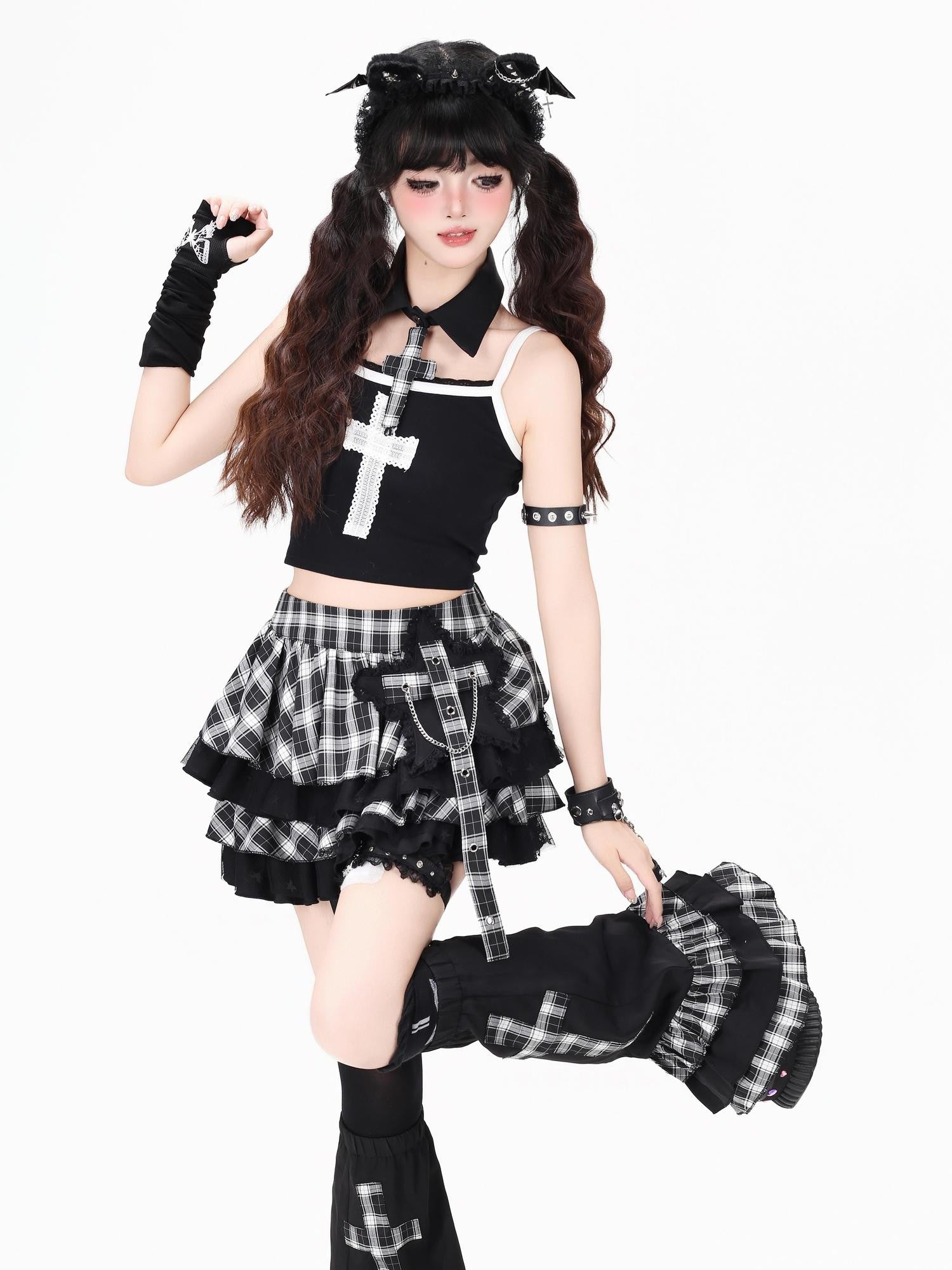CRAZYGIRL Black White Plaid High Waist Chain Tiered Women's Mini Skirts