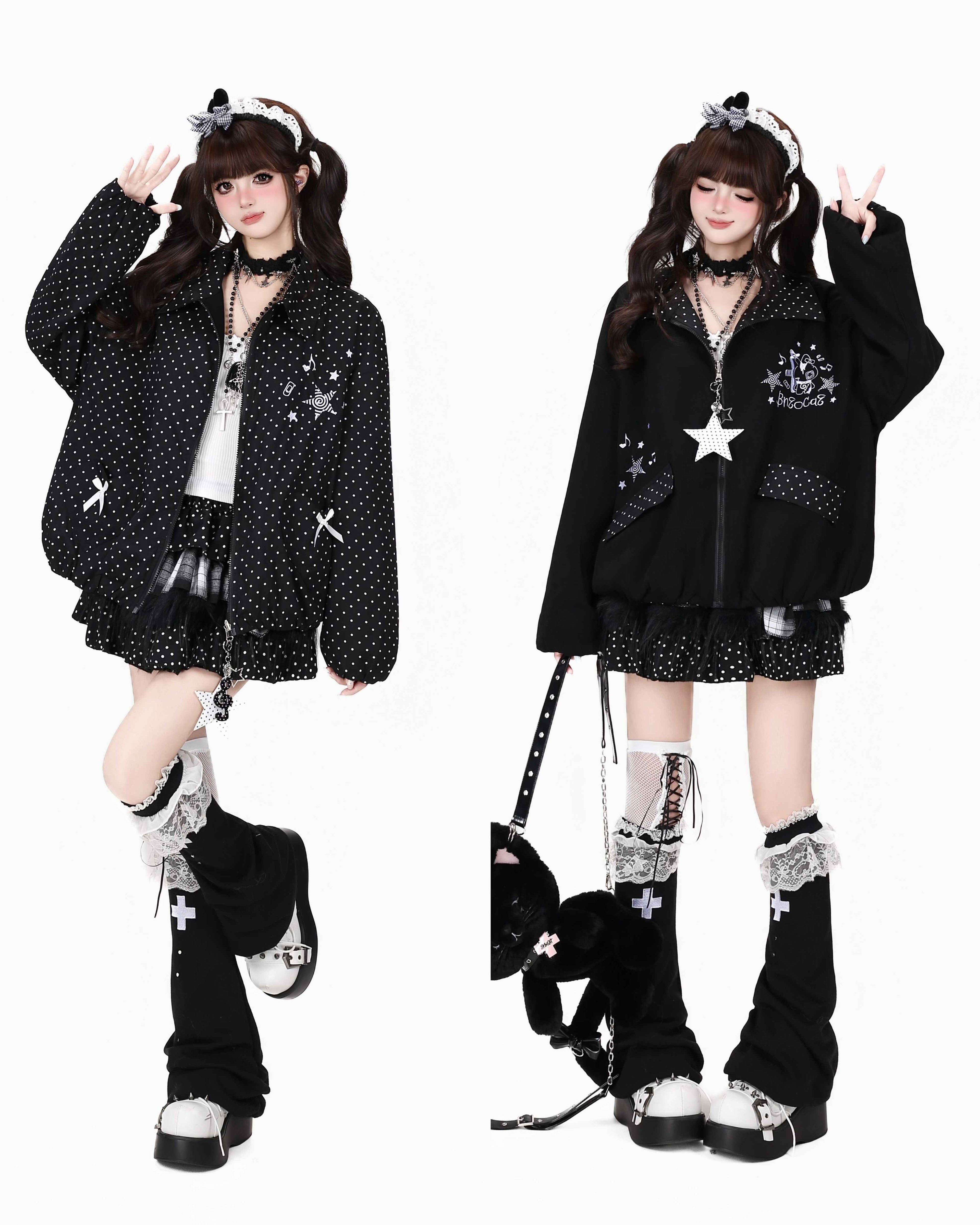 CRAZYGIRL_Black_White_Polka_Dot_Reversible_Lapel_Zipper_Loose_Women's_Lightweight_Jackets_1069572260117_MISSTT