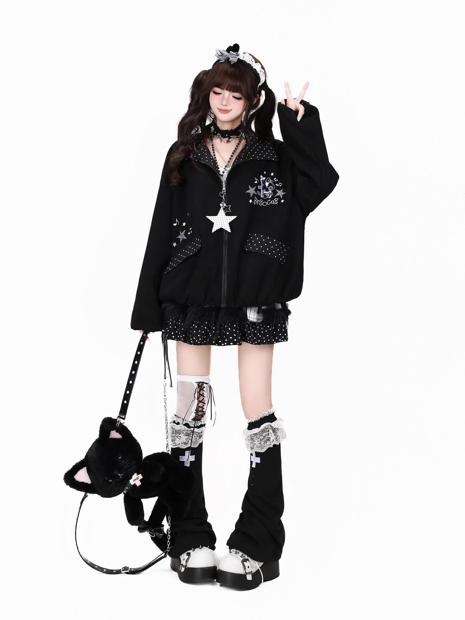 CRAZYGIRL Black White Polka Dot Reversible Lapel Zipper Loose Women's Lightweight Jackets