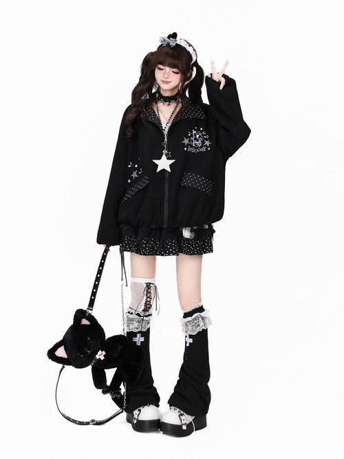 CRAZYGIRL Black White Polka Dot Reversible Lapel Zipper Loose Women's Lightweight Jackets