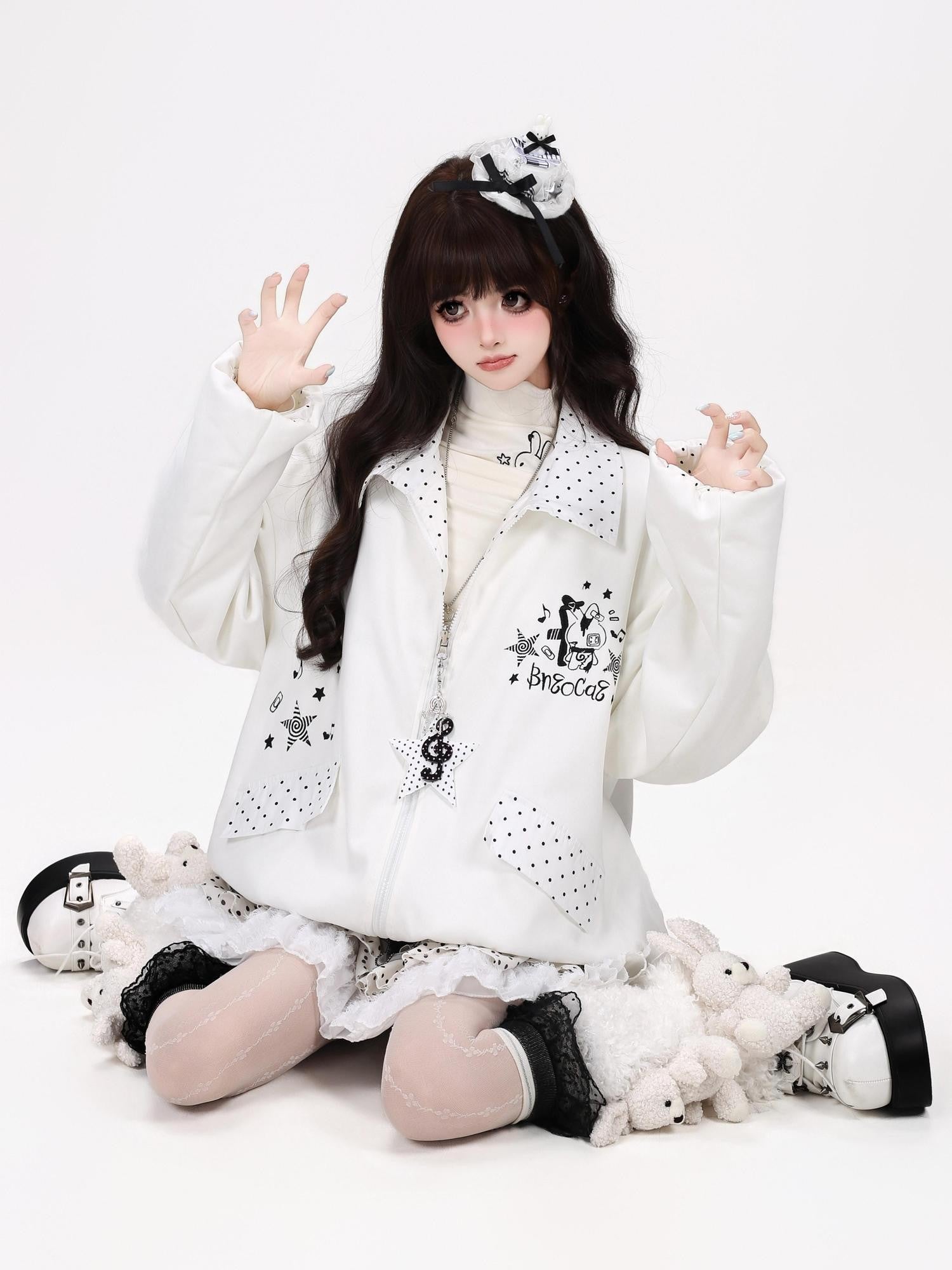 CRAZYGIRL Black White Polka Dot Reversible Lapel Zipper Loose Women's Lightweight Jackets
