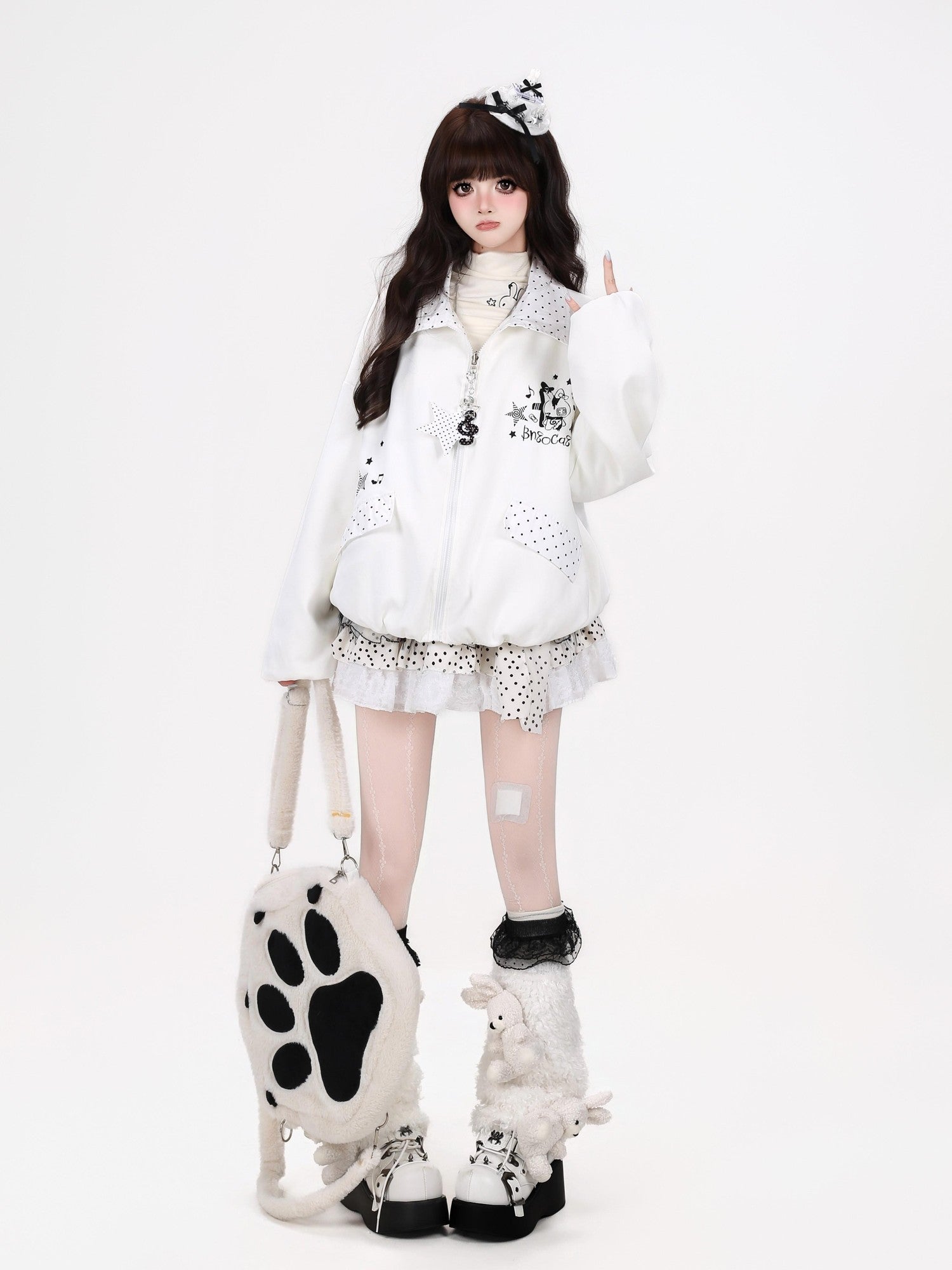CRAZYGIRL Black White Polka Dot Reversible Lapel Zipper Loose Women's Lightweight Jackets