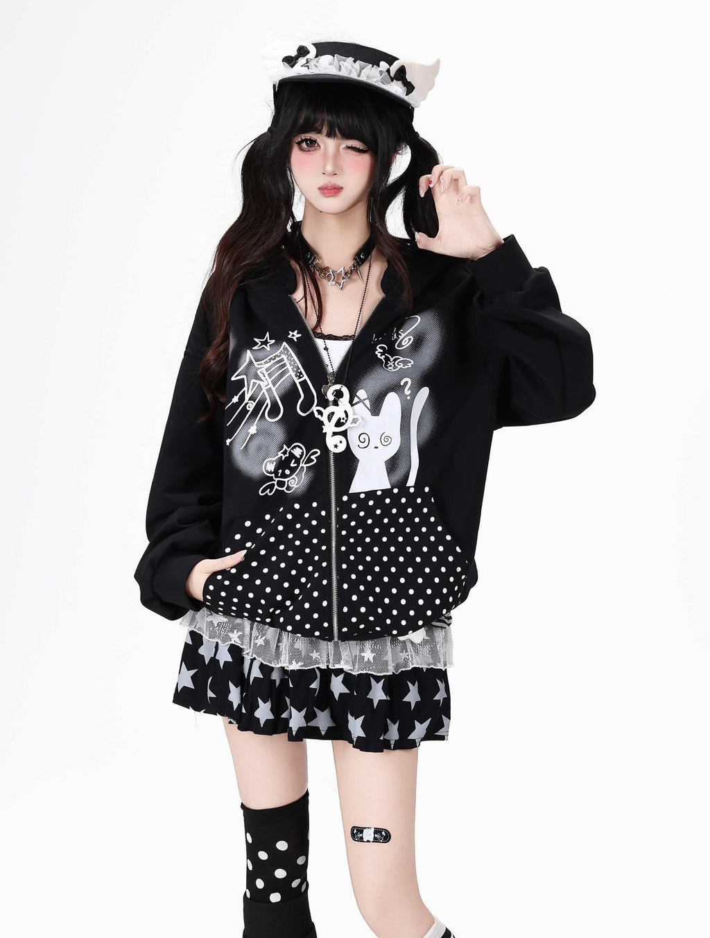 CRAZYGIRL_Black_White_Polka_Dot_Ruffle_Cat_Zip_Pocket_Hooded_Women's_Hoodies_1063204400711_MISSTT