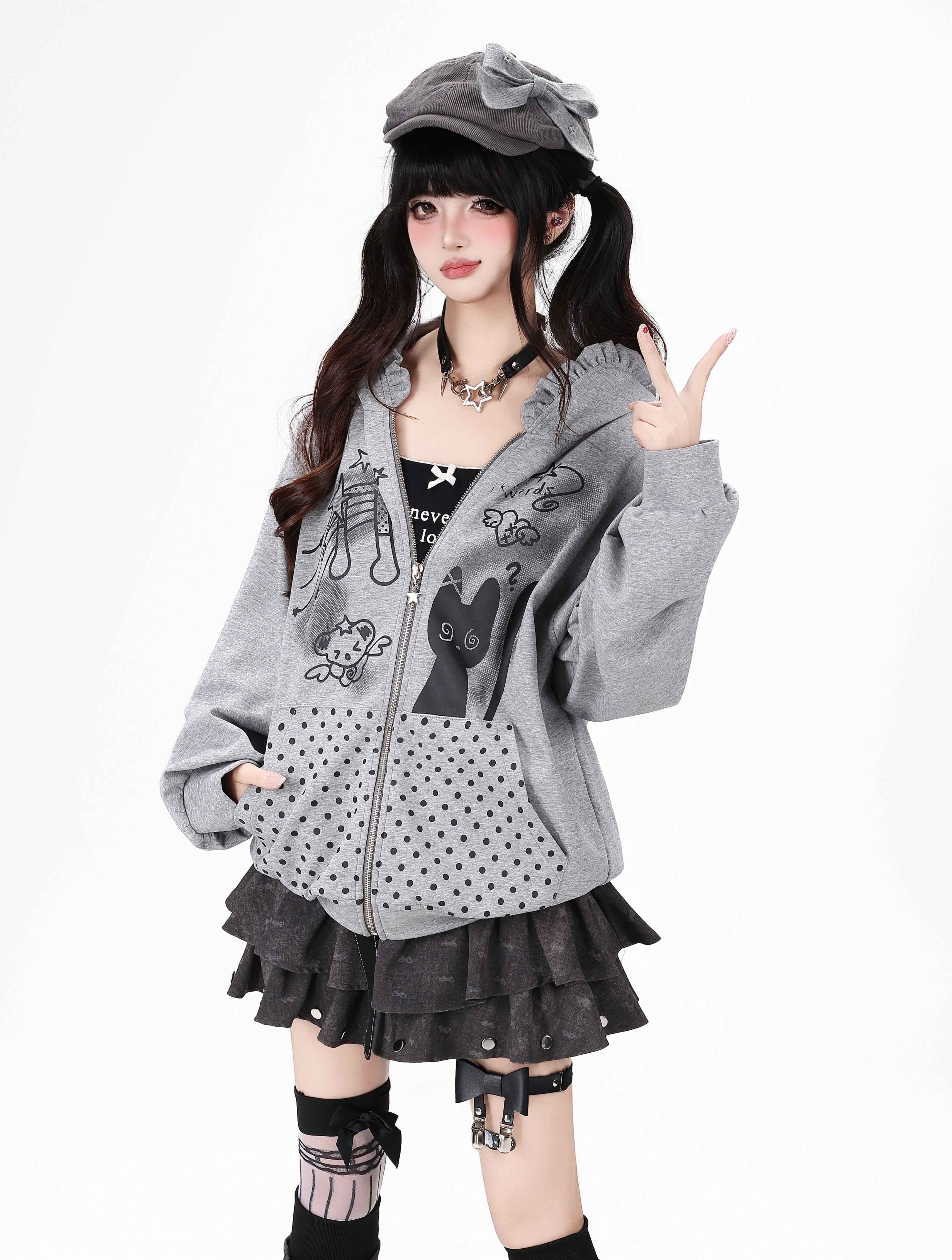 CRAZYGIRL_Black_White_Polka_Dot_Ruffle_Cat_Zip_Pocket_Hooded_Women's_Hoodies_1063204400711_MISSTT